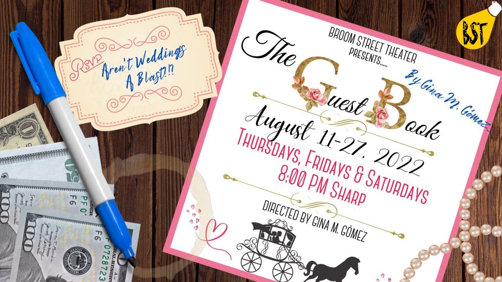 A wedding invitation with the show's dates: August 11-27 at 8:00pm