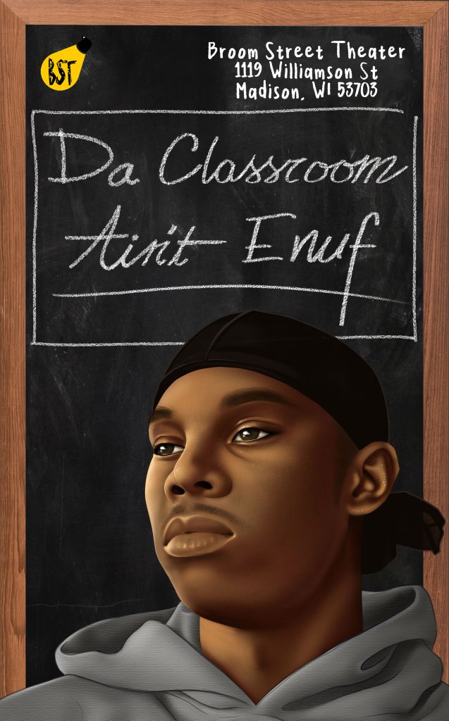 A Black young person in front of a chalkboard