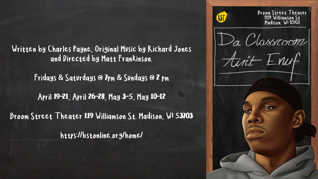 A young Black person in front of a chalkboard.