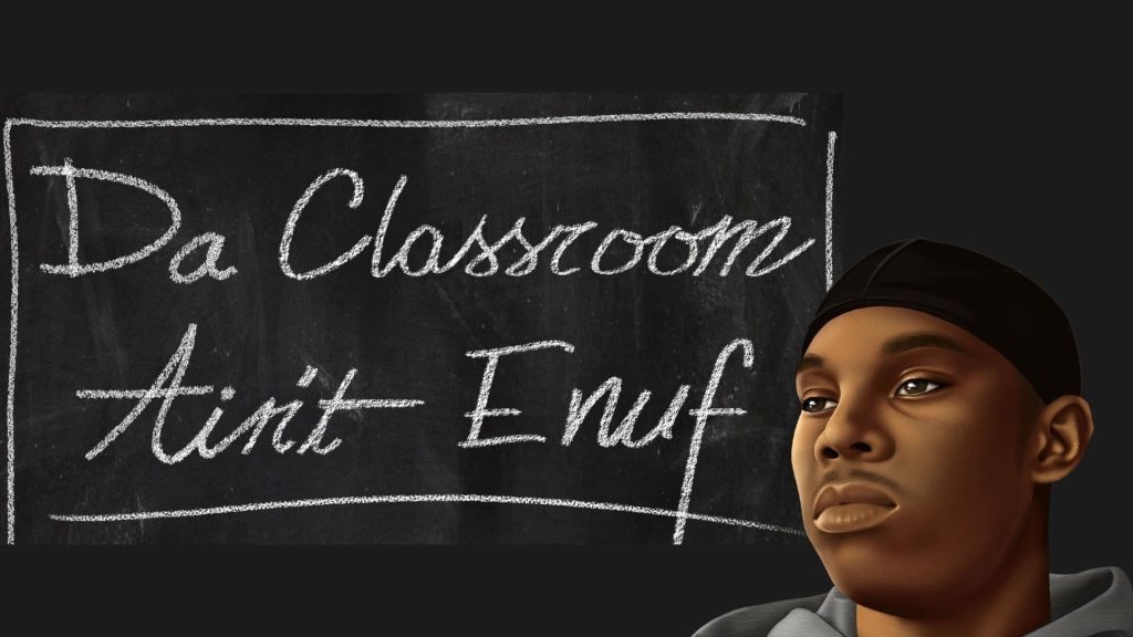A young Black person in front of a chalkboard.