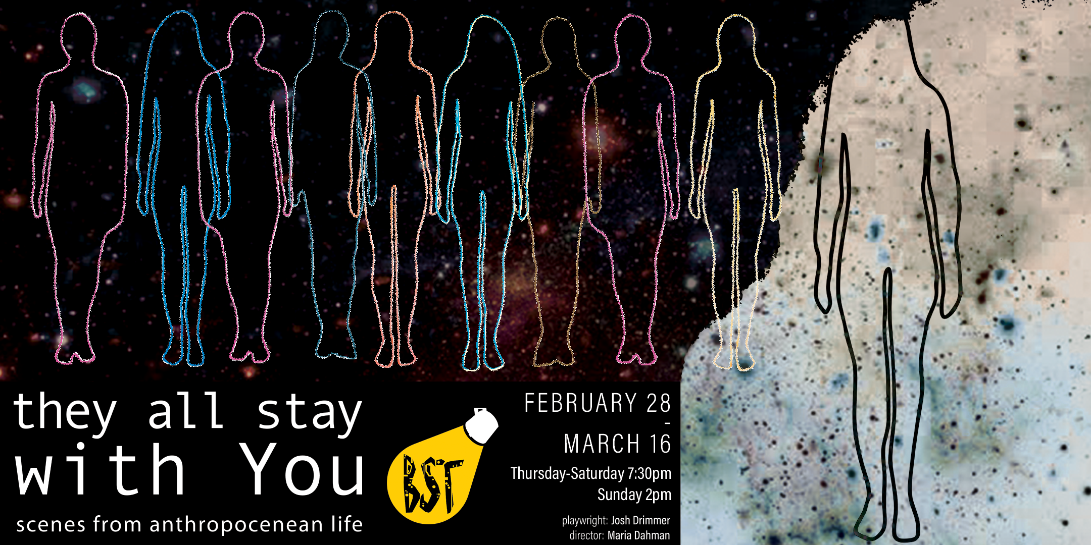 Outlines of people in front of decaying stars