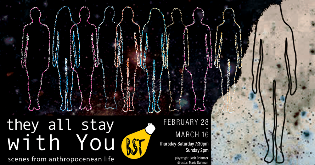 Outlines of humans in front of a decaying galaxy.