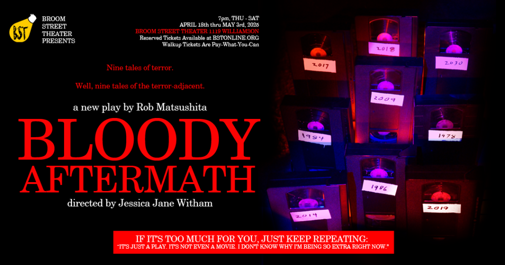 Video cassette tapes with dates on them from the '70s, '80s and into the 2000s, in ominous red lighting.